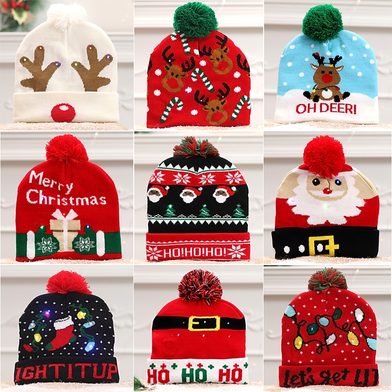 New Luminous Christmas Hat for Children Adult Autumn and Winter Warmth European and American Pullover Knitted Hat Printed Woolen Hat for Christmas Gifts