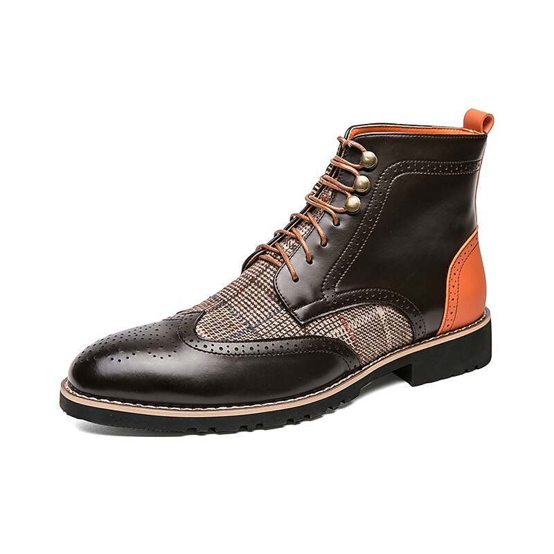 Men's Faux Leather and Plaid Brogue Boots, Vintage Style Lace-Up Ankle Boots with Wingtip Detailing for Formal and Casual Wear2