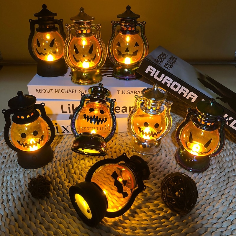 Halloween Decorarions Pumpkin Lamp Retro Small Oil Lamp LED Electronic Candle Portable Pumpkin Lamp Electroplating Magic Color Storm Lantern