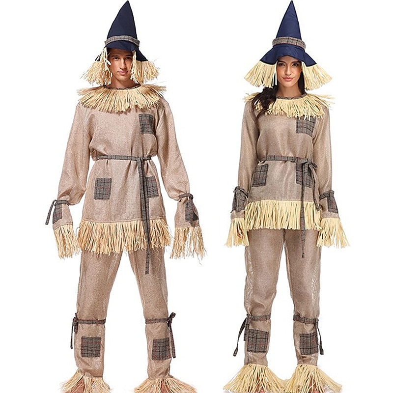 Couples Scarecrow Cosplay Costume Halloween Group Couples Costumes Unisex Movie Cosplay Cosplay Halloween Gray Top Pants Hat Halloween Carnival Masquerade