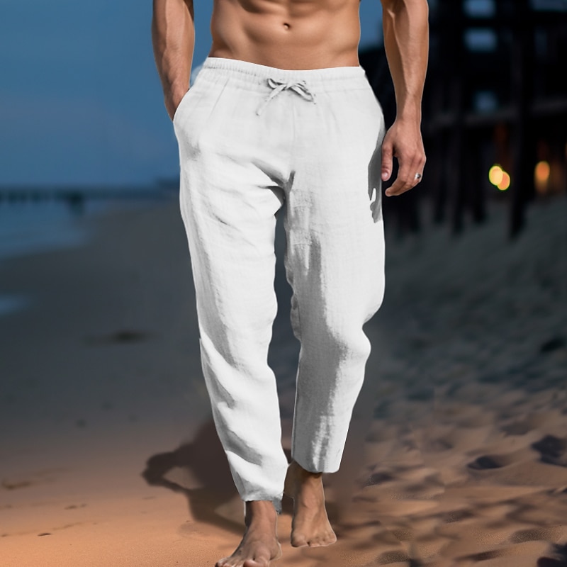 Men's Linen Pants Trousers Summer Pants Beach Pants Drawstring Pocket Elastic Waist Plain Comfort Soft Daily Weekend Streetwear Casual Black White Micro-elastic2