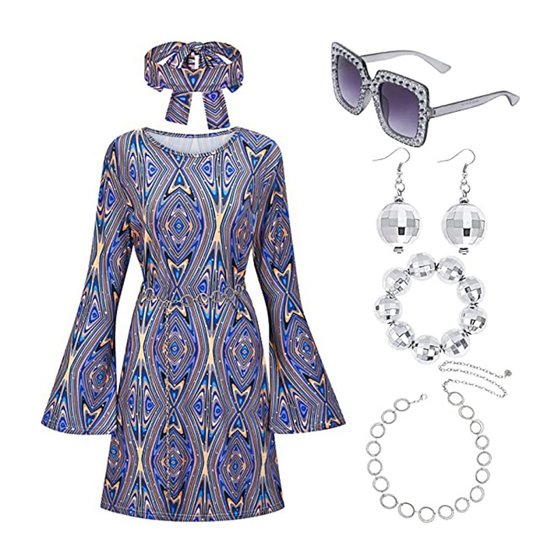 Retro Vintage 1970s Disco Dress Headband Accesories Set Flare Cuff Sleeve Hippie Printing Fancy Dress Women's Masquerade Party Party / Evening Pride Parade Adults' Dress More Accessories Headband3