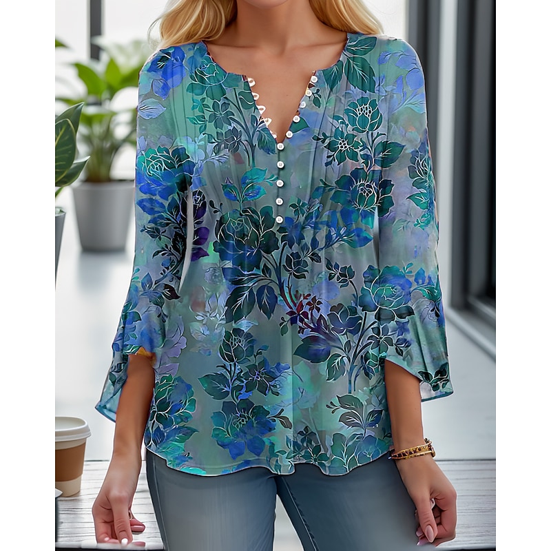 Women's T Shirt Henley Blouse Fashion Floral Buttons Print 3/4 Length Sleeve Regular Tops Round Neck Casual Holiday Red Blue Purple Green Spring &  Fall3