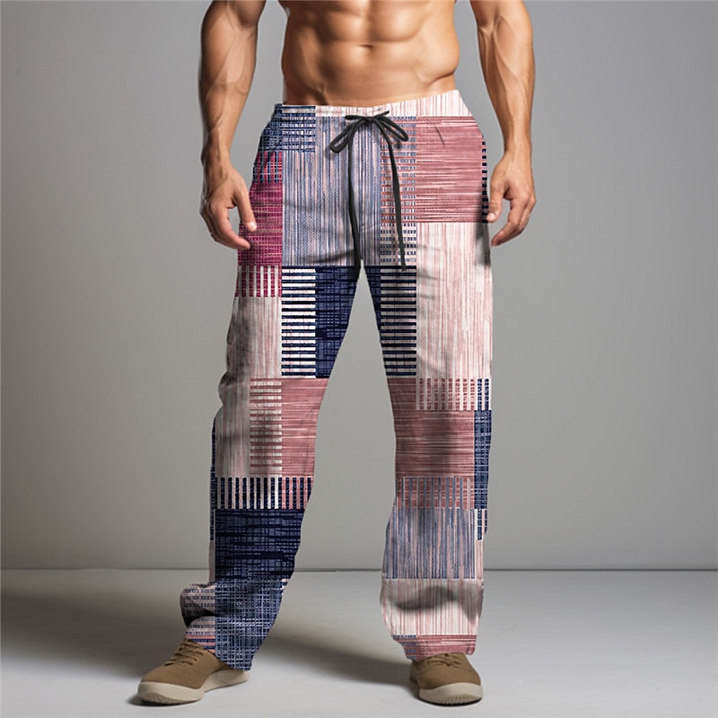 Christmas Patchwork Pants Mens Graphic Stripe Geometry Casual 3D Print Trousers Outdoor Street Going Polyester Yellow Pink Orange Mid Waist Elasticity Squares Brown Cotton Abstract4
