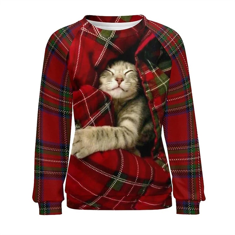 Women's Pullover  Sweatshirt  Plaid Cat Casual Sportswear Festival Round Neck Long Sleeve Top Micro-elastic Fall & Winter2