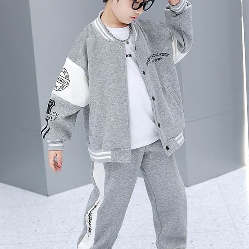 2 Pieces Kids Boys Tracksuits Outfit Stripe Letter Long Sleeve Button Cotton Set Daily Spring Fall 7-13 Years Black Gray2