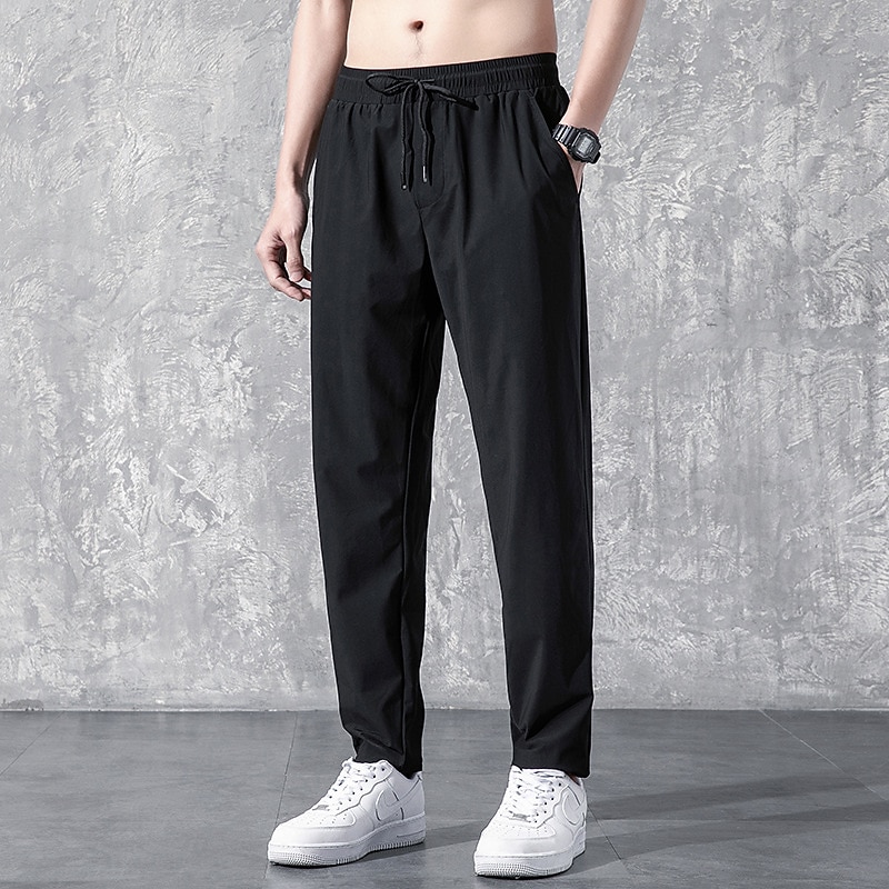 Men's Active Trousers Casual Pants Pocket Drawstring Elastic Waist Solid Color Breathable Outdoor Full Length Casual Daily Streetwear Stylish Casual / Sporty Black Straight Leg Micro-elastic
