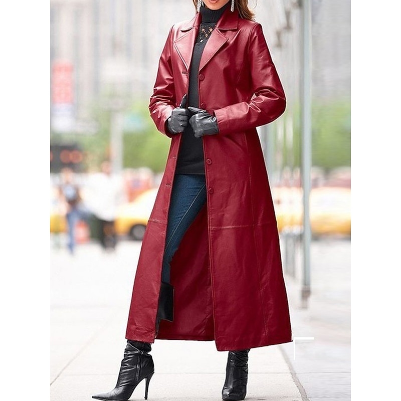 Women's Faux Leather Jacket Trench Coat Outdoor Buttons Plain Waterproof Streetwear Regular Fit Outerwear Long Sleeve Fall Black L2