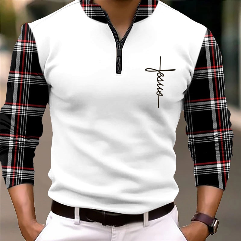 Men's Plaid Faith Zip Polo Golf Polos Shirts Long Sleeve Polo Shirts Zip Vintage Outdoor Casual Daily Streetwear 3D Print Fall & Winter Black White Wine4
