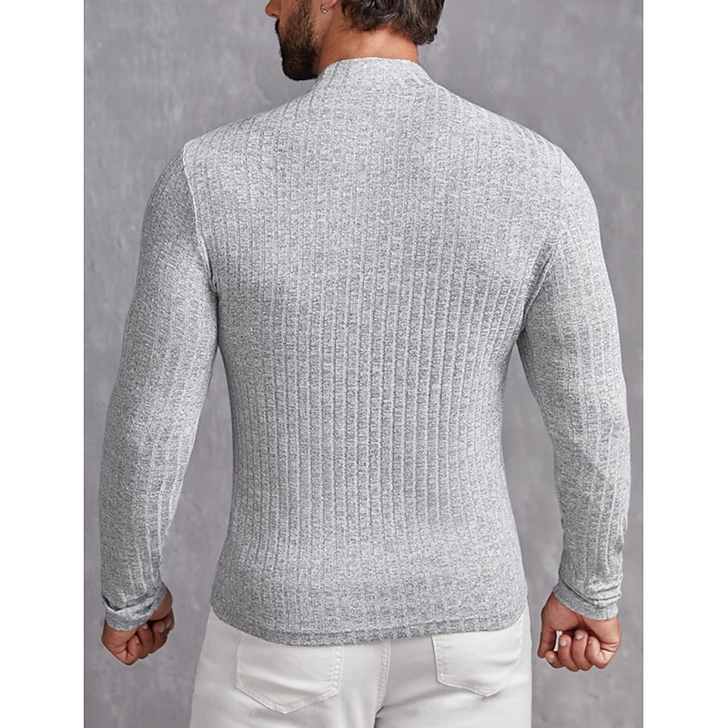 Men's T Shirt Tee Top Long Sleeve Shirt Long Sleeve Stand Collar Spring &  Fall Plain Pit Strip Fashion Designer Basic Knitted Ribbed Vacation Street Going out Light Grey Top Tee for Men3