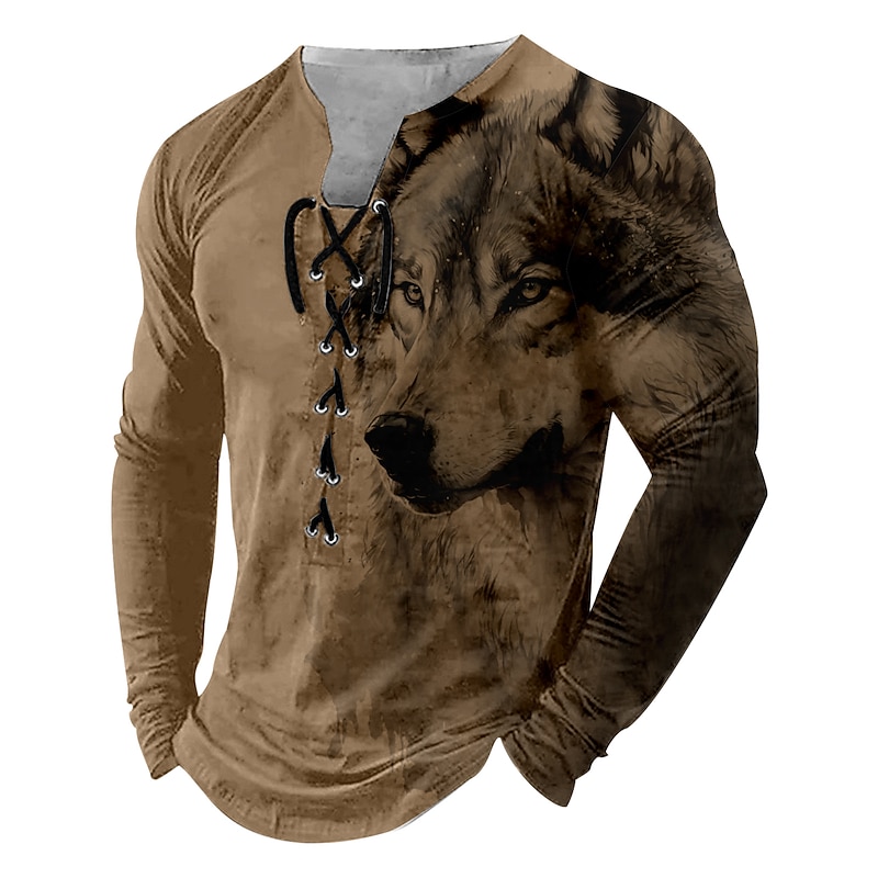 Men's Wolf Long Sleeve T shirt 3D Print Crew Neck Shirt Fashion Retro Vintage Outdoor Casual Holiday Blue Sky Blue Brown Fall Clothing Apparel Normal S M L XL XXL XXXL