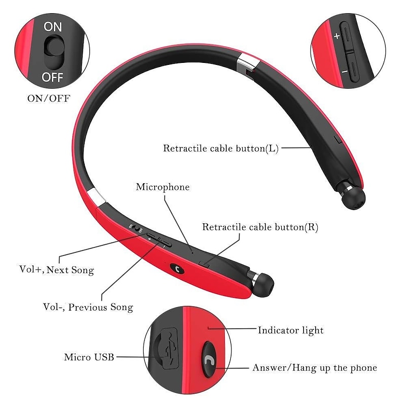 Foldable Bluetooth Headset Lightweight Retractable Bluetooth Headphones for Sports&Exercise Noise Cancelling Stereo Neckband Wireless Headset4