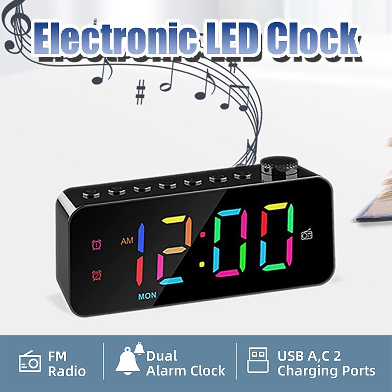 1pc Dynamic RGB Color Changing FM Radio Digital Alarm Clock with Sleep Timer and Dual Alarm - 8 Colors 12/24H Electronic LED Clock