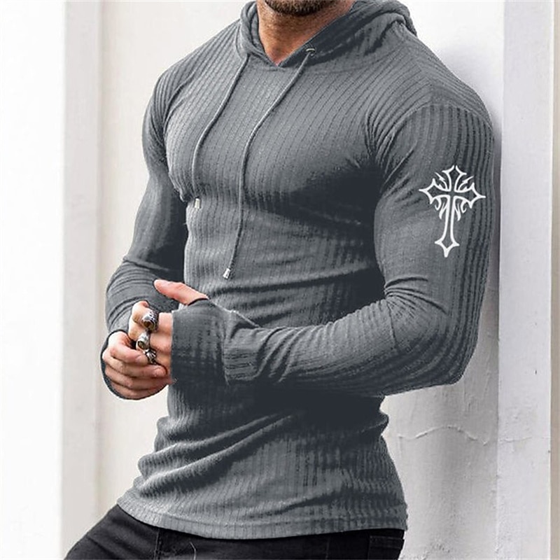 Men's Graphic Cross T Shirt Long Sleeve T shirt 3D Print Hooded Shirt Fashion Daily Casual Casual Holiday Going out Black Blue Gray Spring &  Fall Clothing Apparel S M L XL XXL 3XL