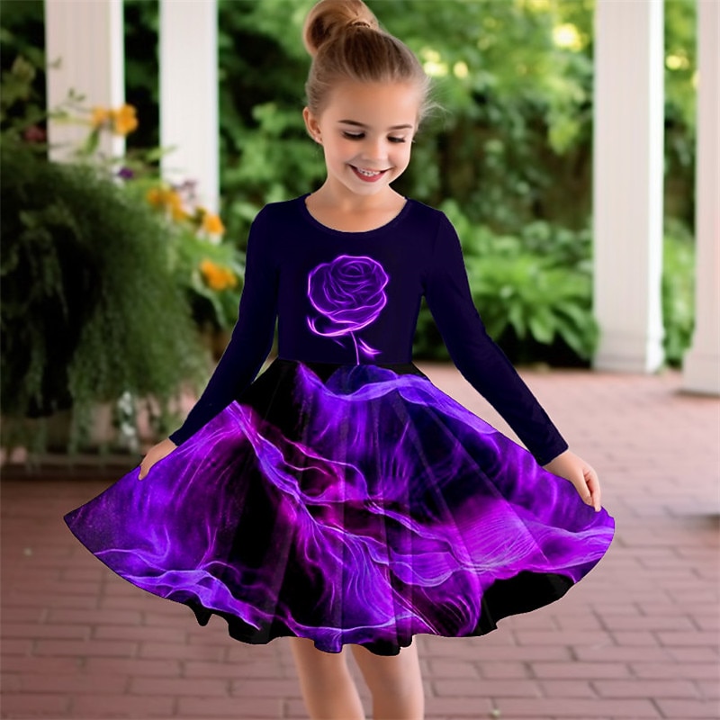 Girls' 3D Rose Dress Long Sleeve 3D Print Fall Winter Vacation Sports & Outdoor Daily Cute Casual Beautiful Kids 3-12 Years Casual Dress A Line Dress Above Knee Regular Fit2