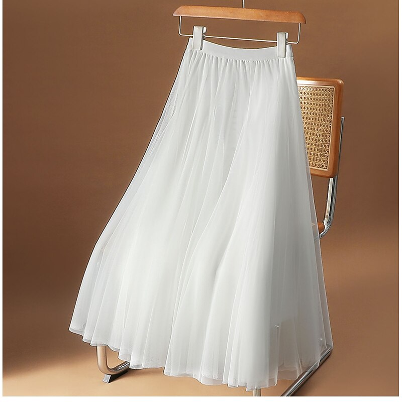 Women's Skirt Swing Midi Skirts Ruched Layered Solid Colored Daily Date Spring, Fall, Winter, Summer Elegant Long Apricot Black White Pink2