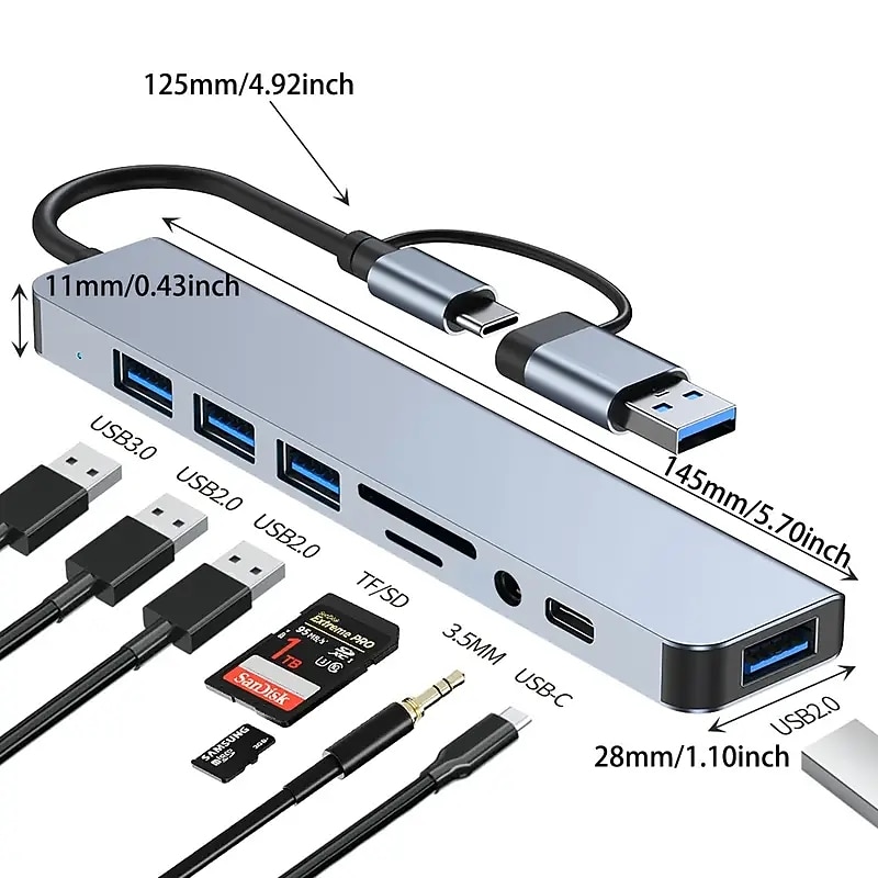 8 In 1 USB Hub Dual Purpose Hub With USB & Type C Interfaces 8-port USB C Hub With USB 3.0 USB 2.0 Micro SD/TF Card Reader Microphone/audio & Other Interfaces