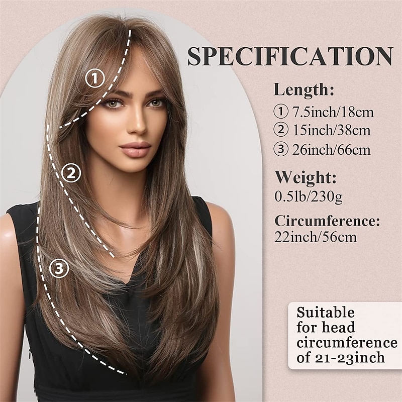 Brown Wigs for WomenLong Layered Wigs with Curtain Bangs Heat Resistant Synthetic Fibre Wigs2