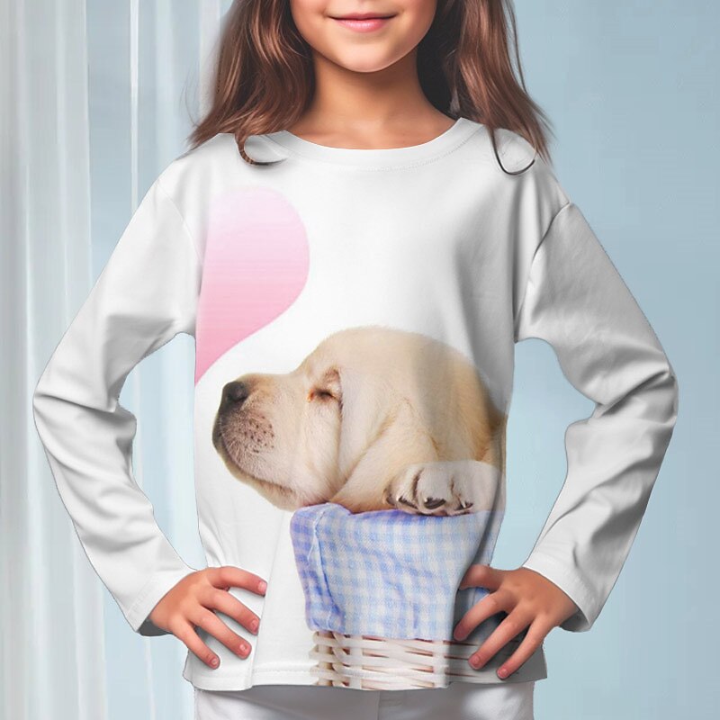 Girls' 3D Dog Tee Long Sleeve 3D Print Fall Winter Active Fashion Cute Polyester Kids 3-12 Years Crew Neck Outdoor Casual Daily Regular Fit4