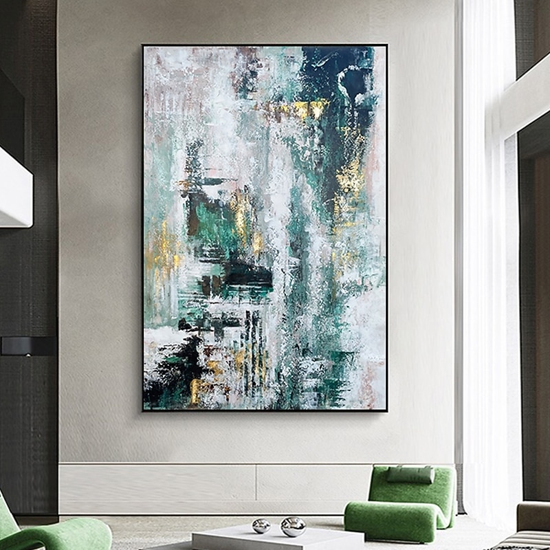 Handmade Hand Painted Oil Painting Storm Wall Art Dark Green Gold Foil Modern Minimalist Home Decoration Decor Rolled Canvas No Frame Unstretched
