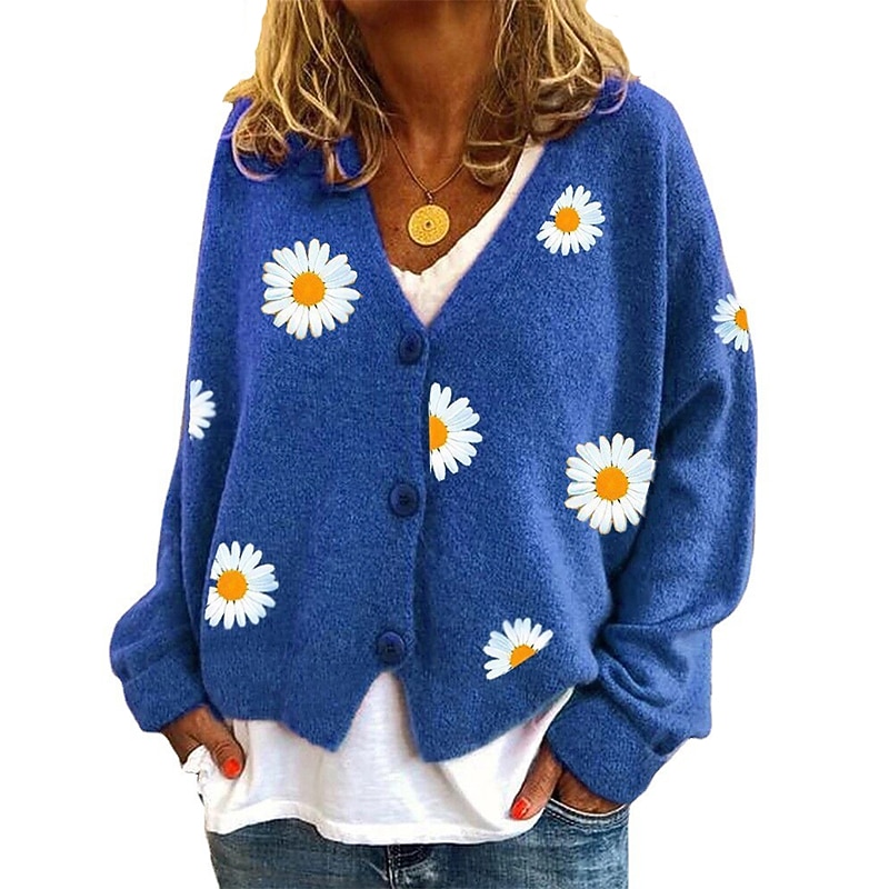 Women's Cardigan Sweater Elegant Stylish Casual Daisy Maillard Ribbed Open Front Patchwork Embroidery Long Sleeve Regular Tops Knit Daily Black Yellow Winter4