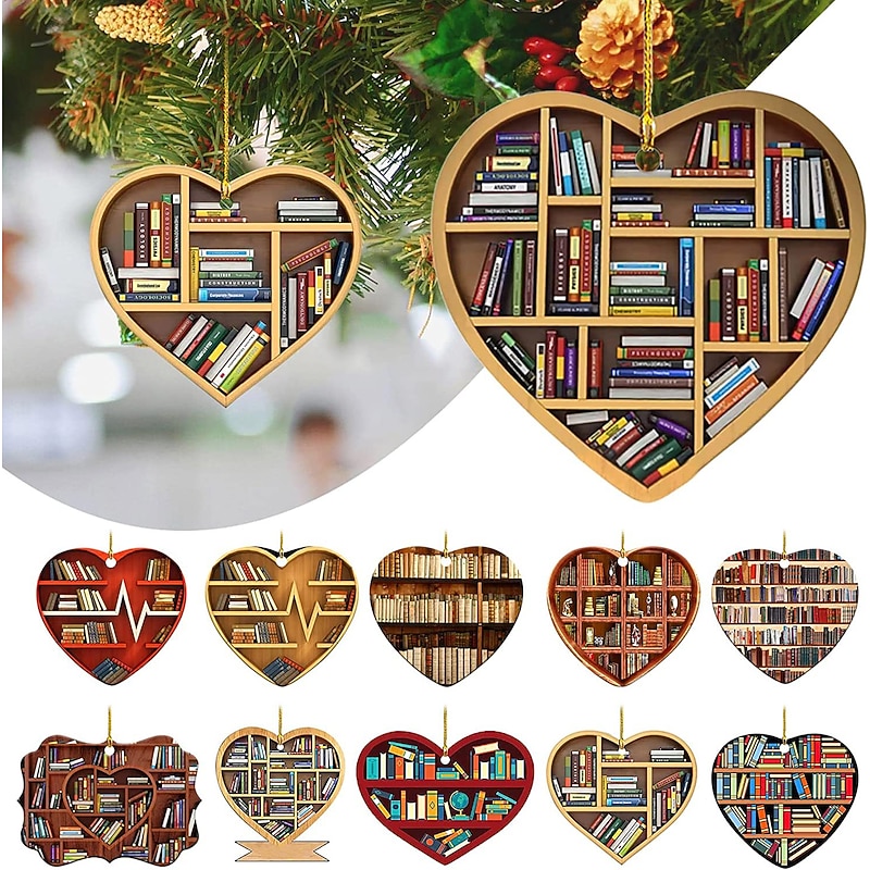 Christmas Tree Decor, 2D Acrylic Square Heart Bookshelf Pendant, Library Bookshelf Heart Ornament, Room Decorations