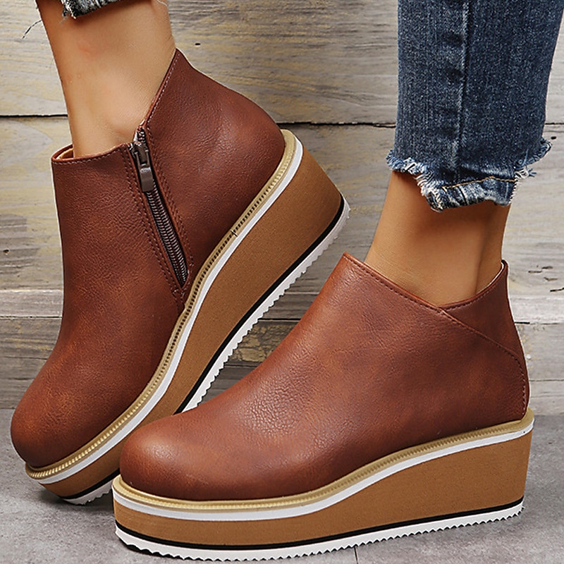 Women's Platform Wedge Ankle Boots with Side Zipper – Casual Slip-Resistant Fashion Sneakers3
