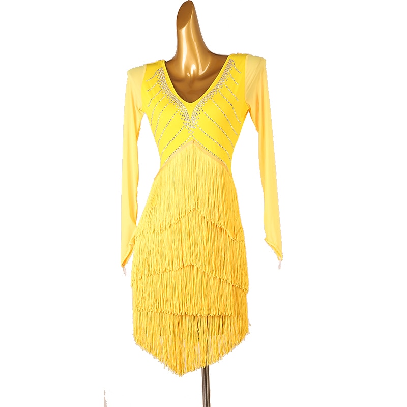 Dance Salsa Latin Dance Dress Rhinestone Fringed Tassel Women's Performance Training Long Sleeve High Spandex Tulle2