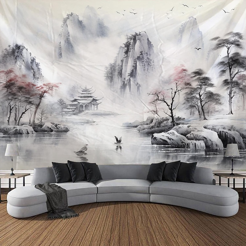 Watercolor Landscape Hanging Tapestry Chinese Style Wall Art Large Tapestry Mural Decor Photograph Backdrop Blanket Curtain Home Bedroom Living Room Decoration3