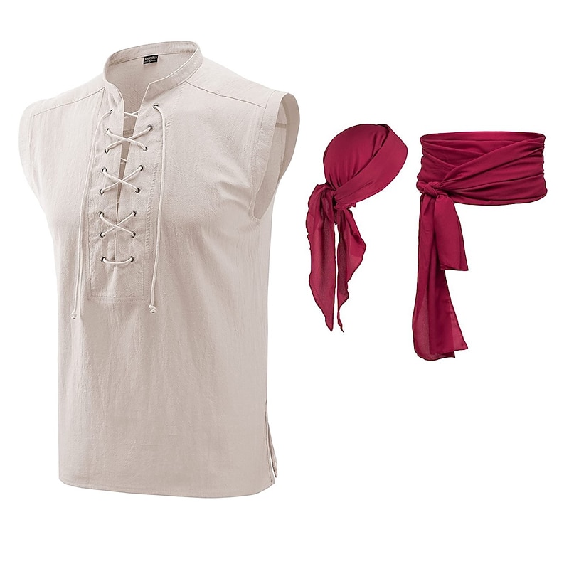 Retro Vintage Medieval Renaissance Blouse / Shirt Headpiece Vest Pirate Knight Ritter Viking Fancy Dress Men's Pirate Masquerade Performance Masquerade Vest Shirt Waist Belt