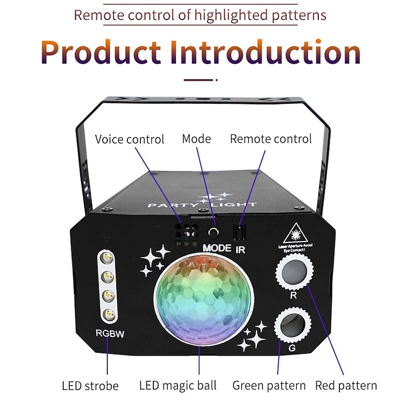 Party Light Indoor Disco Ball Light – Sound Activated DJ LED Stage Lights with Pattern Projection & Remote Control, Perfect Gift for Parties and Events3