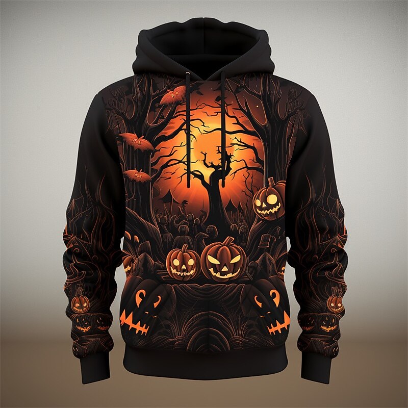 Men's Pumpkin Graphic Prints Hoodie Hoodies Sweatshirt Daily Classic Long Sleeve Hooded Halloween Holiday Going out Black Orange Print Spring &  Fall Designer2