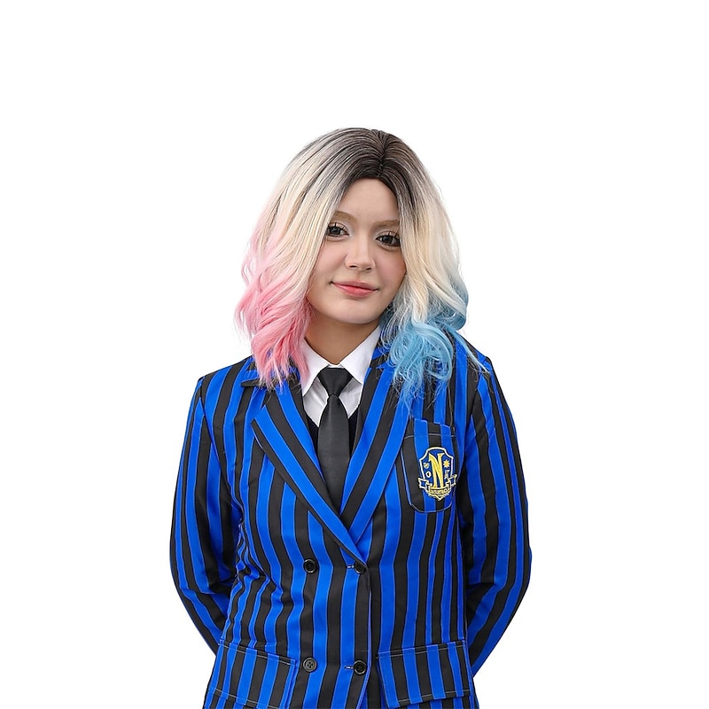 Ombre Blonde Pink And Blue Wig Short Wavy Side Part Hair Adults Women Girls Cosplay Wigs For Party Gift Halloween Wigs3