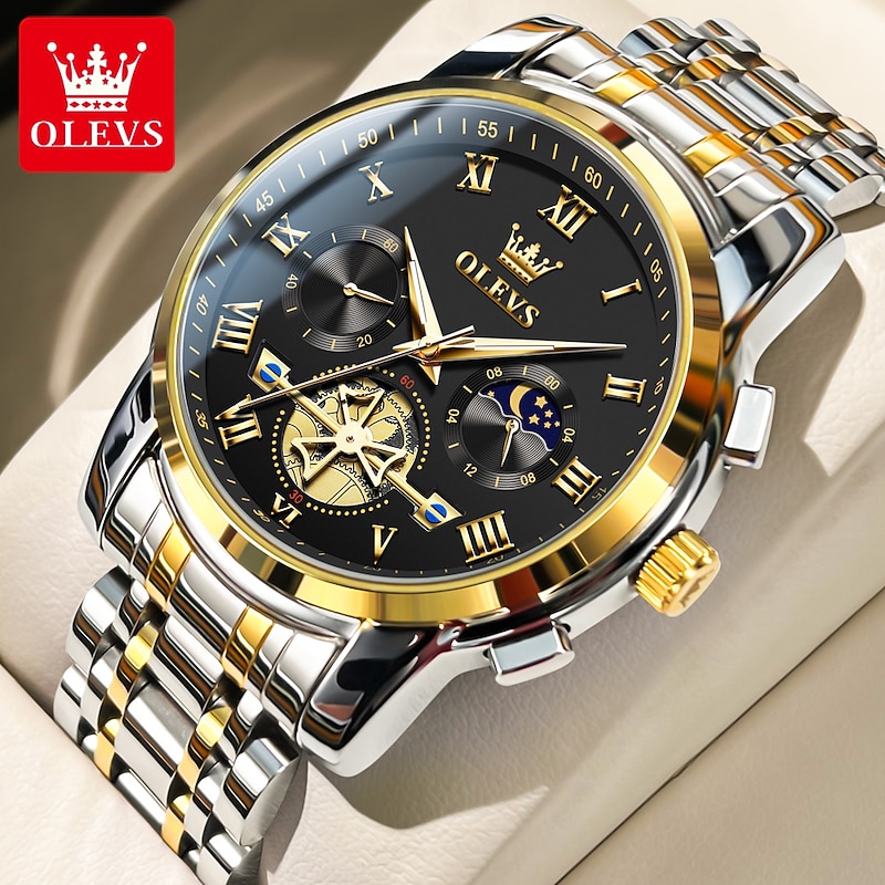 OLEVS Men Quartz Watch Fashion Casual Wristwatch Moon phase Luminous Calendar Chronograph Stainless Steel Watch