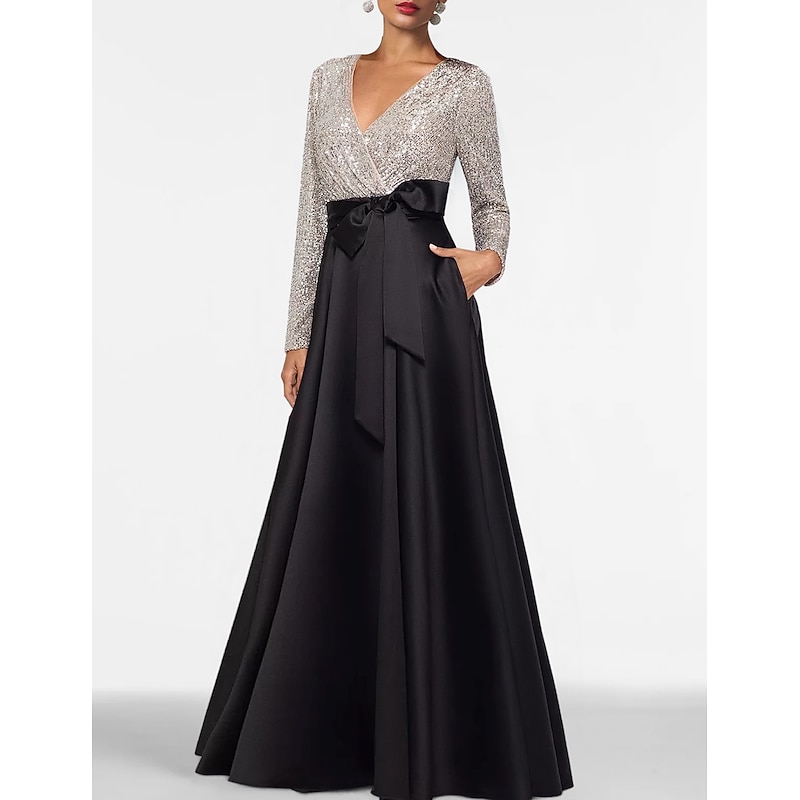 A-Line Mother of the Bride Evening Gown Elegant Dress Formal Floor Length Long Sleeve V Neck Fall Wedding Guest Satin with Sequin Pocket