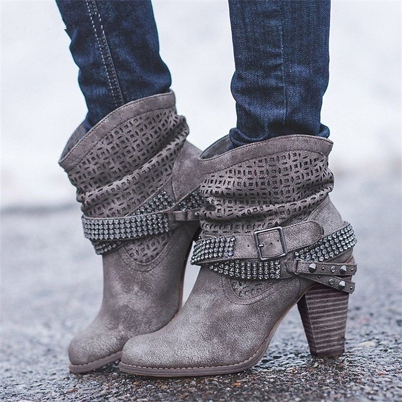 Women's Gray Slouchy Ankle Boots with Studded Straps and Cut-Out Design - Perfect for Casual and Boho-Chic Outfits