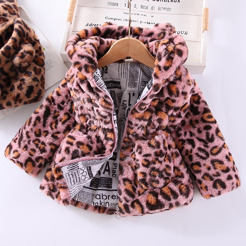 Kids Girls' Faux Fur Coat Color Block Active Pocket School Coat Outerwear 2-8 Years Spring Brown leopard print Pink leopard print Brown cow pattern2