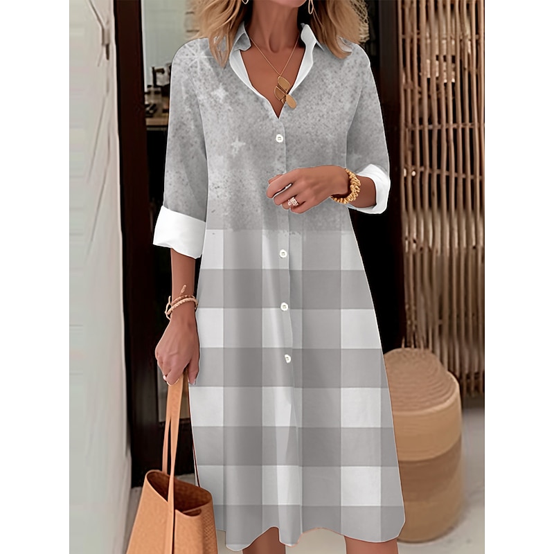 Women's Midi Dress Shirt Dress Casual Dress Midi Dress Outdoor Office Daily Fashion Modern Shirt Collar Button Pocket Long Sleeve Fall Winter Loose Fit Ombre Plaid4