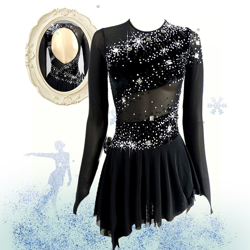 Figure Skating Dress Women's Girls' Ice Skating Dress Outfits Black Open Back Asymmetric Hem Mesh Spandex High Elasticity Competition Skating Wear Handmade Sequin Long Sleeve Figure Skating2