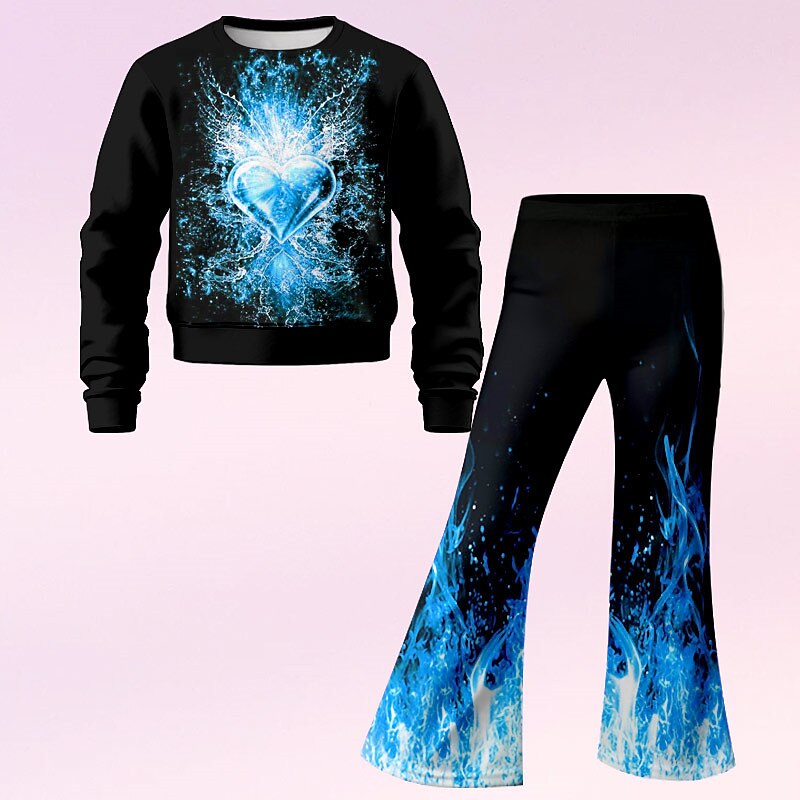 Girls' 3D Heart Set Sweatshirt & Flare Pants Set Long Sleeve 3D Print Fall Winter Active Fashion Daily Kids 4 years+ Crew Neck Outdoor Vacation Date Regular Fit3