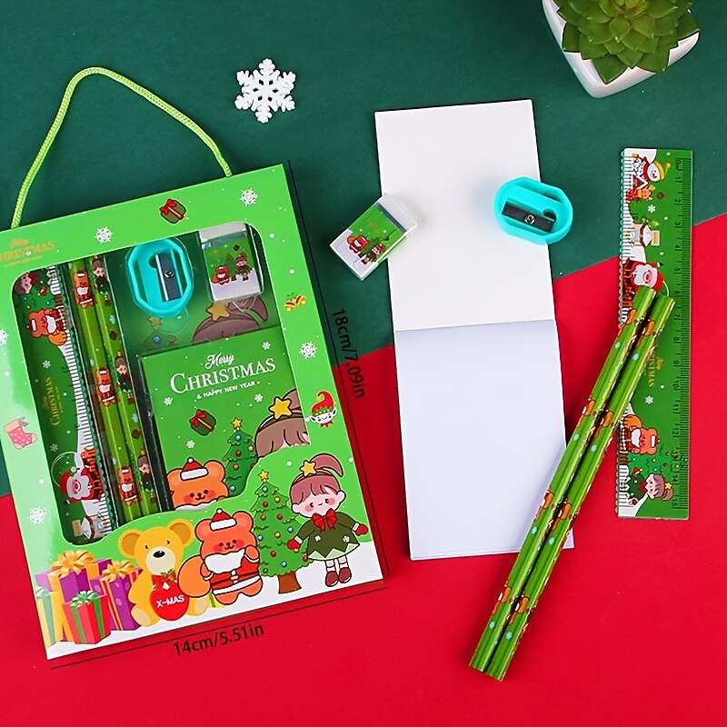 6pcs/set Christmas Portable Stationery Gift Box Set Contain 2 Pencils 1 Pencil Sharpener 1 Eraser 1 Ruler 1 Sticky Note Paper For Primary School Student Children Learning Gift Award3