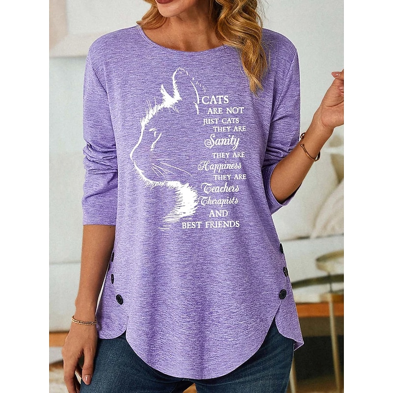Women's T Shirt Fashion Cat Letter Print Long Sleeve Regular Tops Round Neck Daily Weekend Black Pink Purple Gray Spring &  Fall