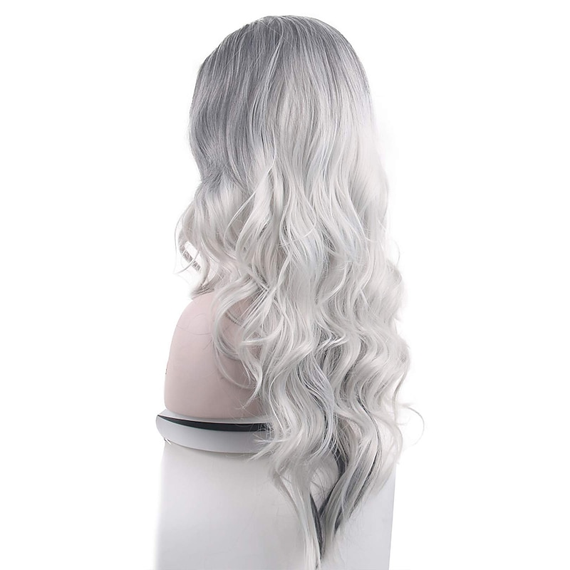 Silver Grey Costume Wigs for Women Halloween Curly Long Wavy Fashion Cosplay Ombre Black Mix Gray Hair Wigs3