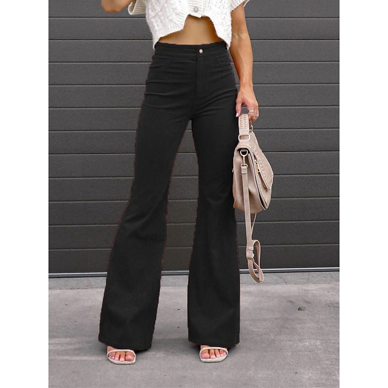 Women's Bell Corduroy Flare Pants Bottom Trousers Full Length Pocket High Waist Fashion Streetwear Xmas Wine Black S M Winter Autumn Fall3