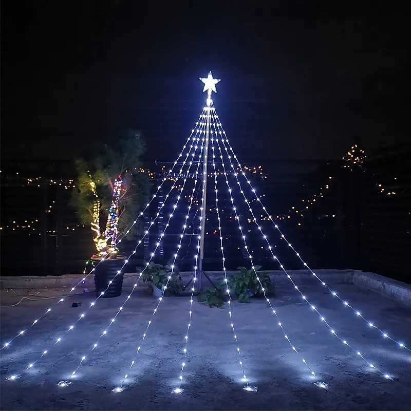 LED Christmas Tree Light Pentagram Waterfall Solar Lights 198 LEDs Waterproof Outdoor Garden Decoration Christmas Lights EU Plug3