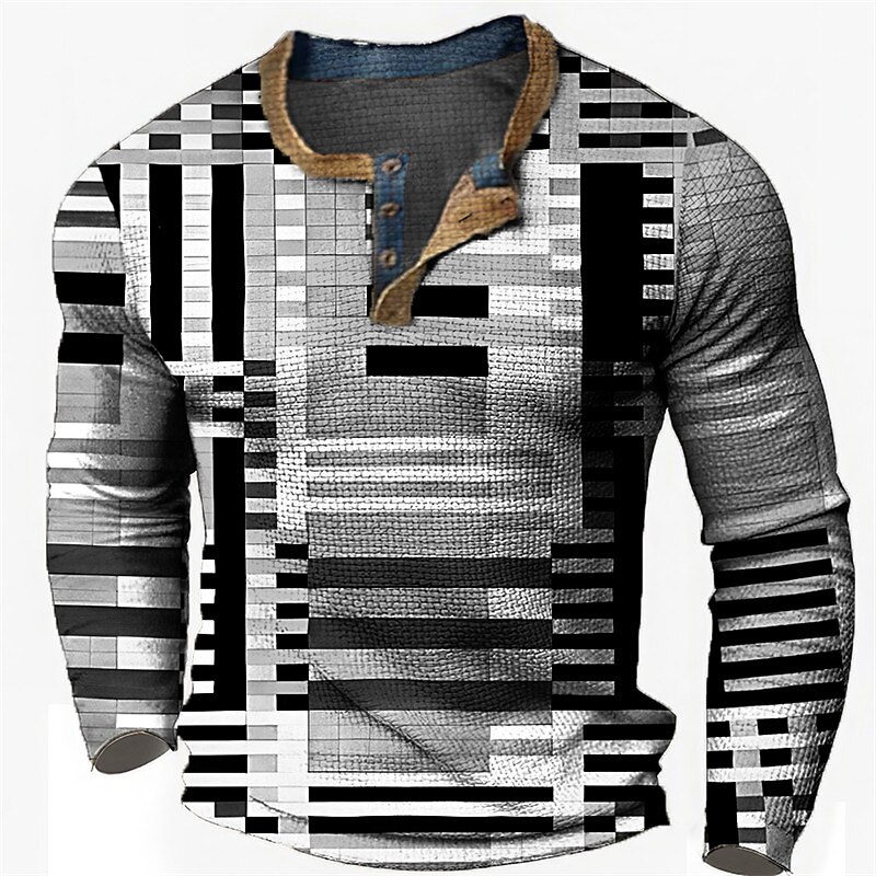 Men's Graphic Geometic Henley Shirt Waffle T Shirt Long Sleeve 3D Print Fashion Designer Casual Sports Outdoor Holiday Festival Spring &  Fall Blue Green Khaki Gray Henley Henley T-Shirt4