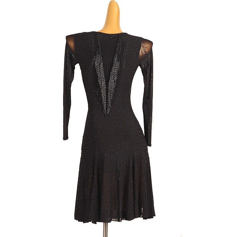 Latin Dance Dress Beading Tassel Splicing Women's Performance Training Long Sleeve Chinlon Mesh Spandex2