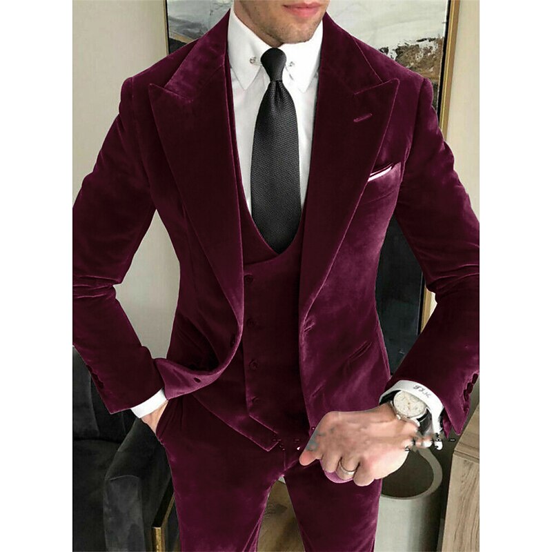 Men's Wedding Suits Closure collar Burgundy Royal Blue Solid Colored Tailored Fit 3 Piece Single Breasted Two-buttons3