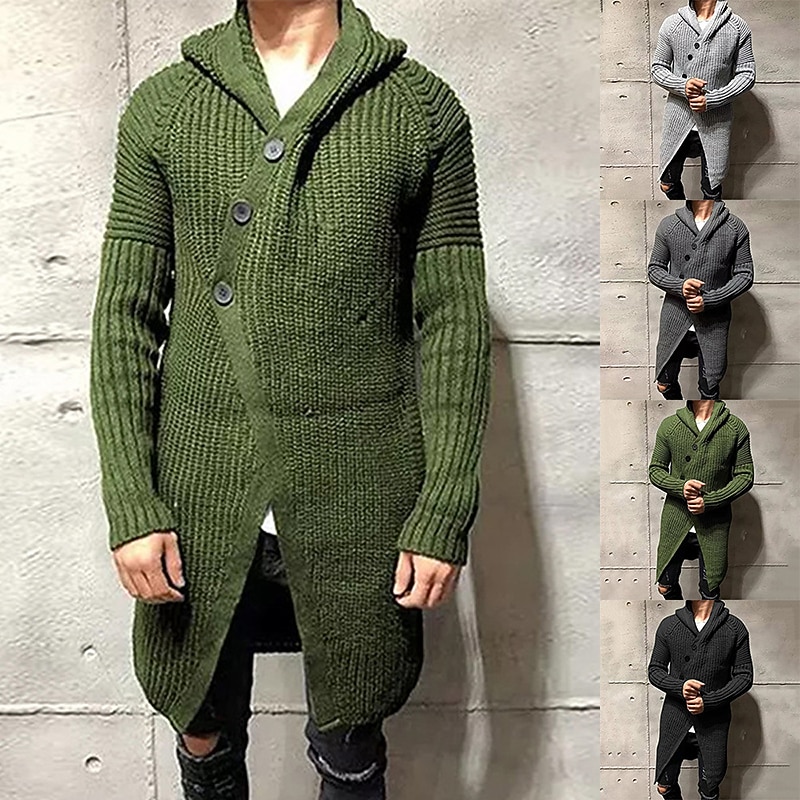 Men's Cardigan Sweater Ribbed Knit Tunic Knitted Plain Hoodie Warm Ups Modern Contemporary Daily Wear Going out Clothing Apparel Winter Black Light Grey M L XL