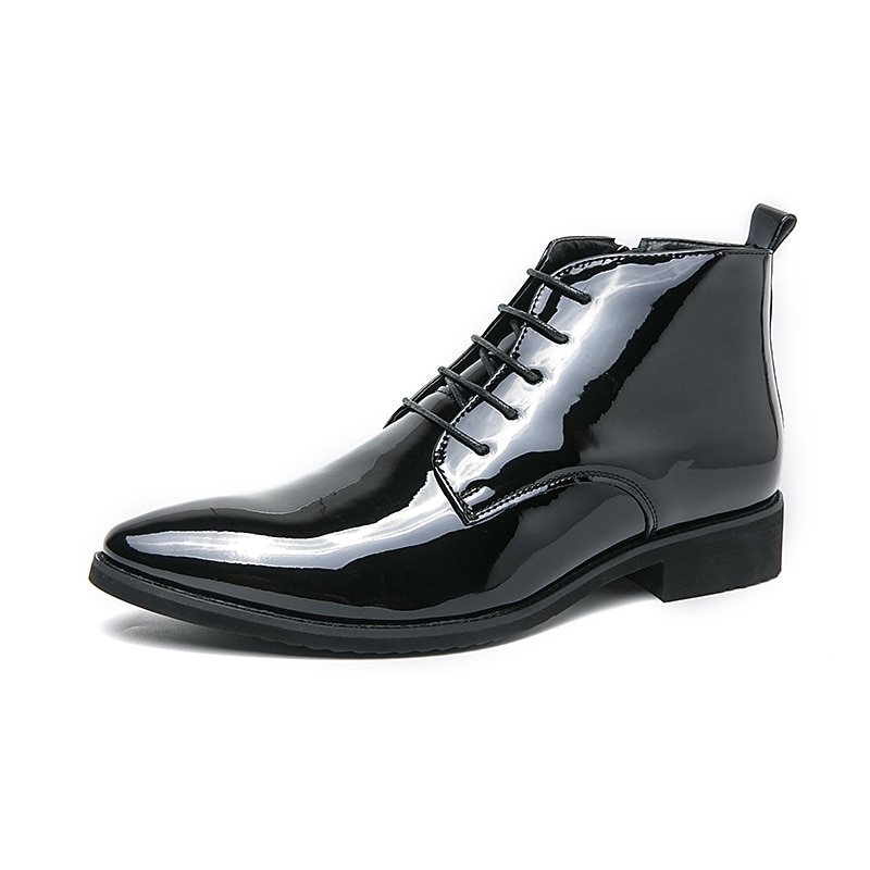 Men's Black Patent Leather Dress Boots – Stylish Lace-Up, Formal and Casual Wear, Perfect for Events and Work